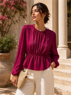 Zara Satin Open Back Peplum Blouse | Fuchsia Pink Luxe Tie Back Top | Romantic